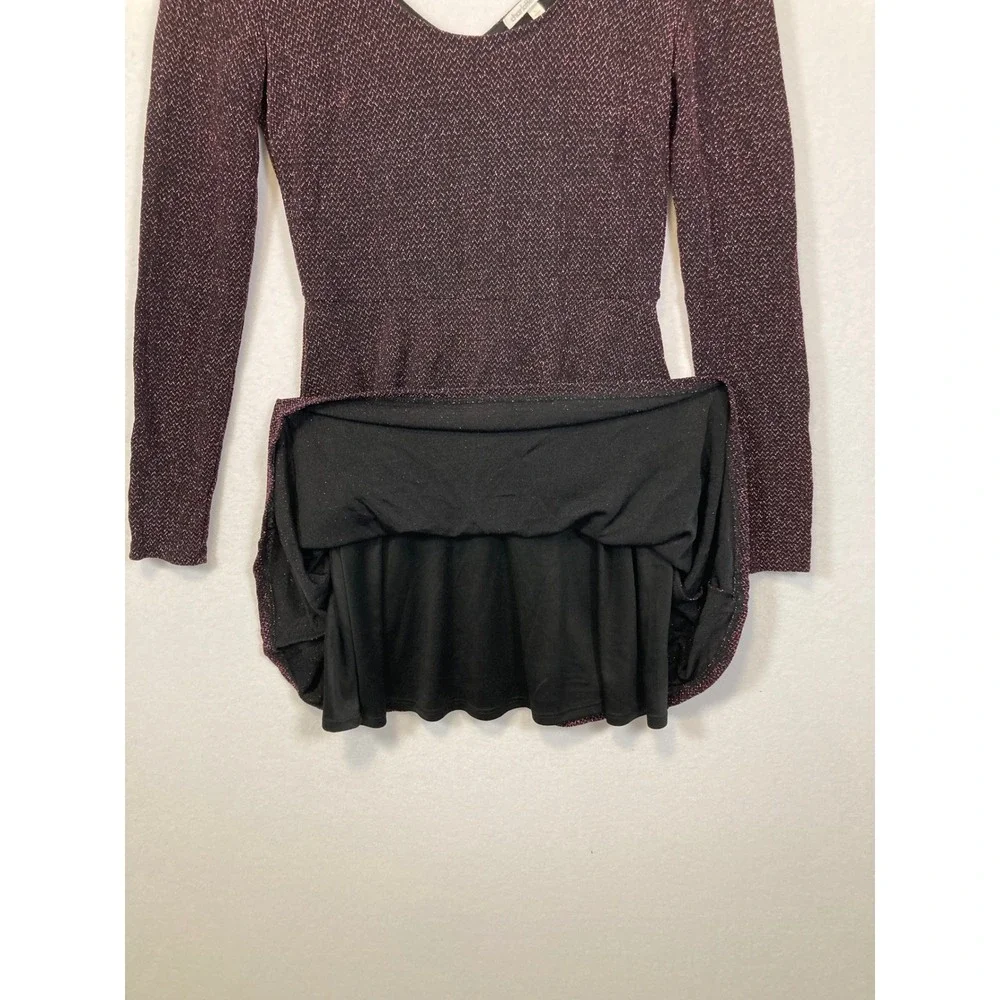 Charlotte Russe‎ Womens Metallic Burgundy Skater Dress Long Sleeve V-Neck L